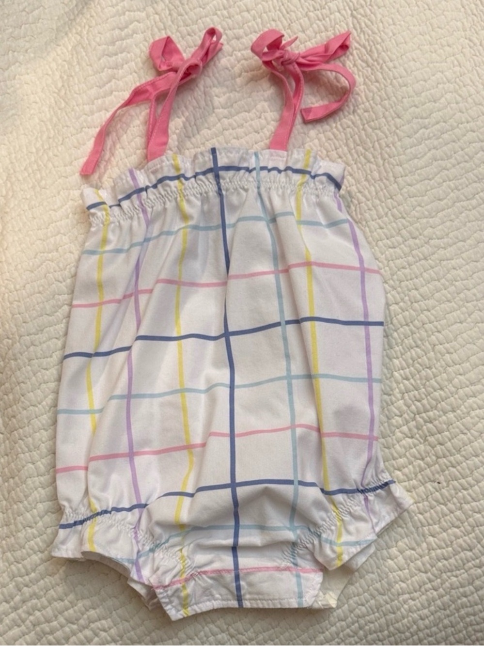 The Beaufort Bonnet Company Pastel Grid Bubble Romper with Pink Ties